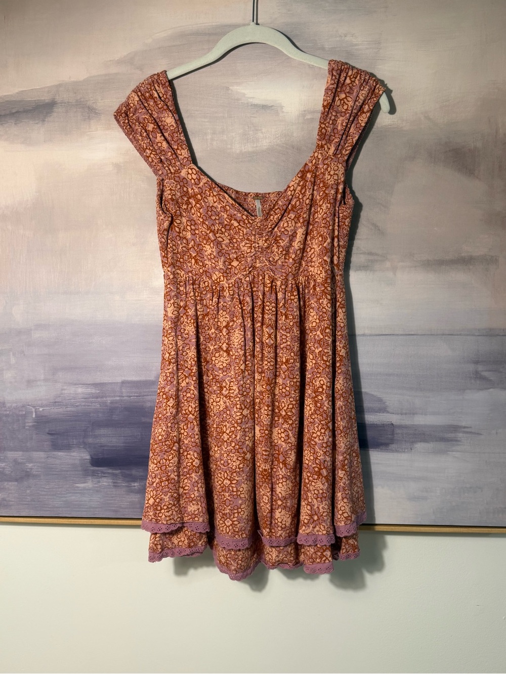 Women’s Free People Floral Scoop Neck Sundress with Lace Trim Layer in Rust Pink